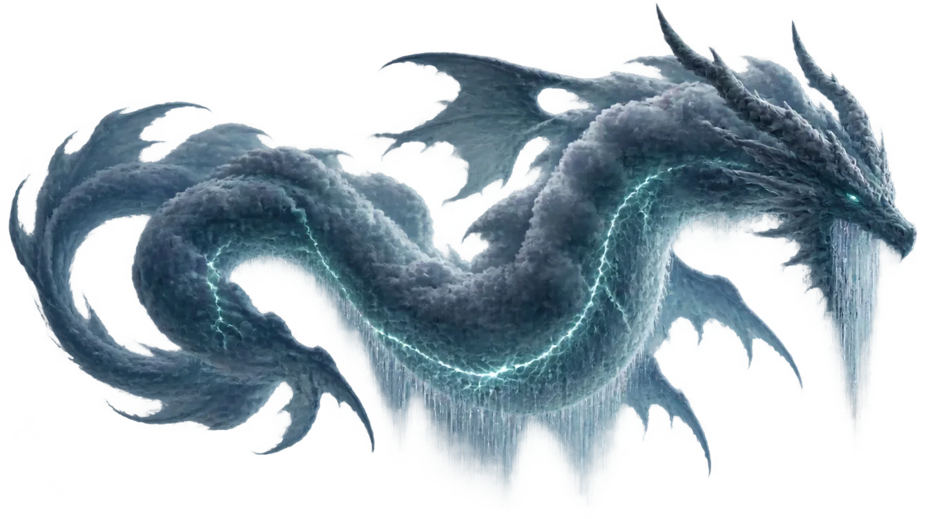 Monsoon Wyrm, makhluk badai berbadan awan kelabu dengan urat petir teal, bergulung melintasi langit